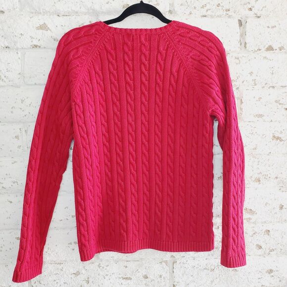 VTG LL Bean Womens Red Cable Knit Sweater Cotton Fisherman Pullover Holiday SZ M - Picture 2 of 7